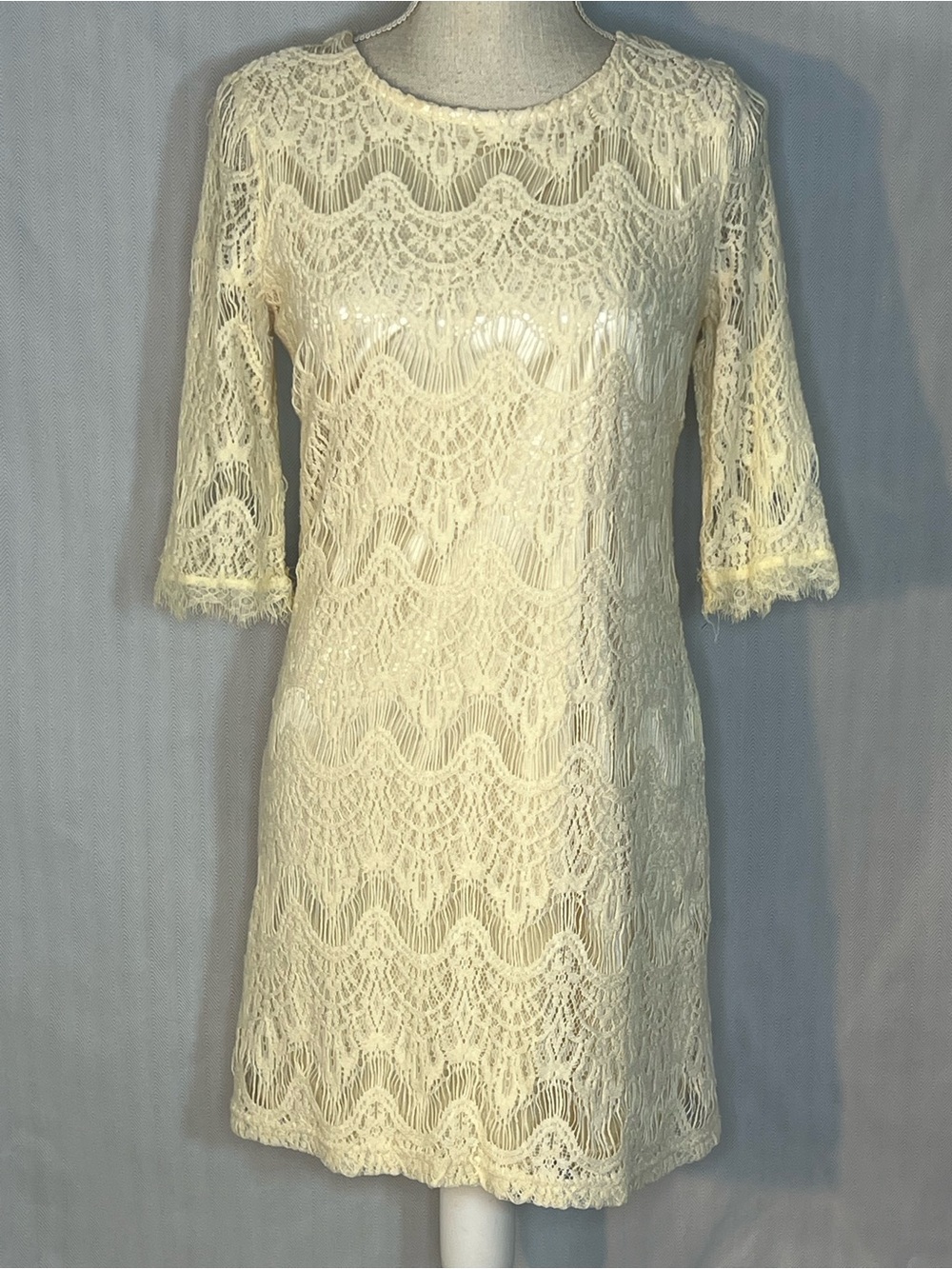 Altar’d State Cream Lace Dress Illusion Elbow Length Sleeves Crew Neckline M👍